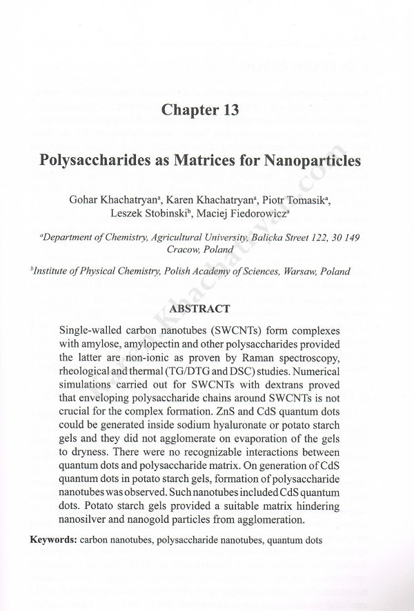Khachatryan - Polysaccharides as Matrices for Nanoparticle Khachatryan - Polysaccharides as Matrices for Nanoparticle