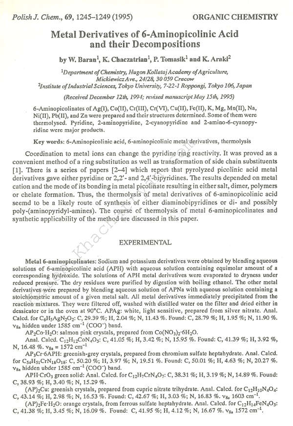 Khachatryan - Metal Derivatives of 6-Aminopicolinic Acid