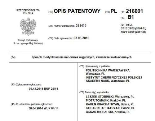 Patent PL 216601 B1 - Sposób modyfikowania nanorurek węglowych zwłaszcza wielościennych