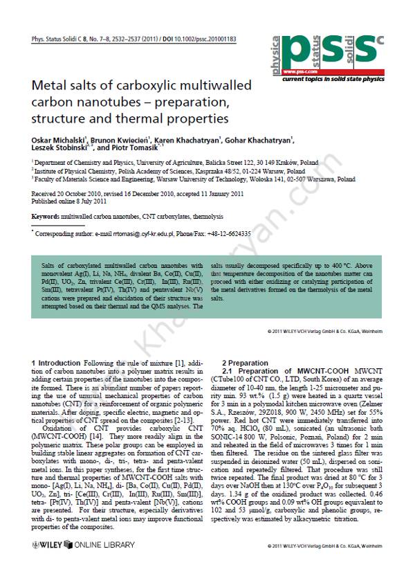 Khachatryan - Metal salts of carboxylic multiwalled carbon nanotubes Khachatryan - Metal salts of carboxylic multiwalled carbon nanotubes